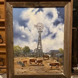 cow painting with wooden frame